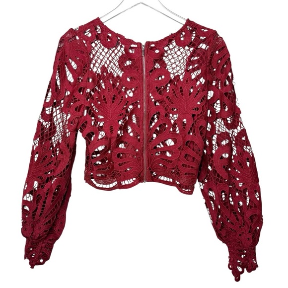 BEBE Red Bloodstone Placement Lace Crochet Women’s Blouse Sz S - Picture 10 of 12